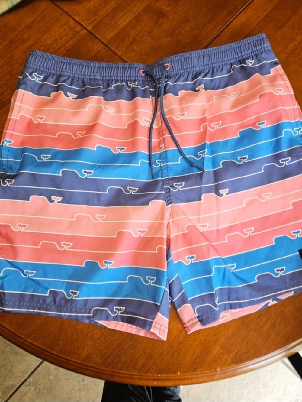 Vineyard Vines Coral, Blue & Navy Striped Swim Shorts